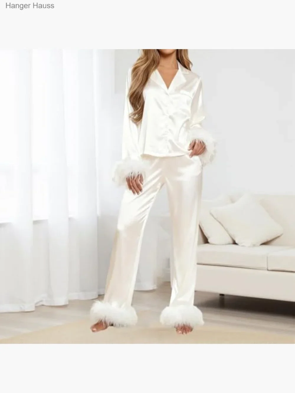 Feather Satin Pajama Set, Long Sleeve Button Down Lounge Set